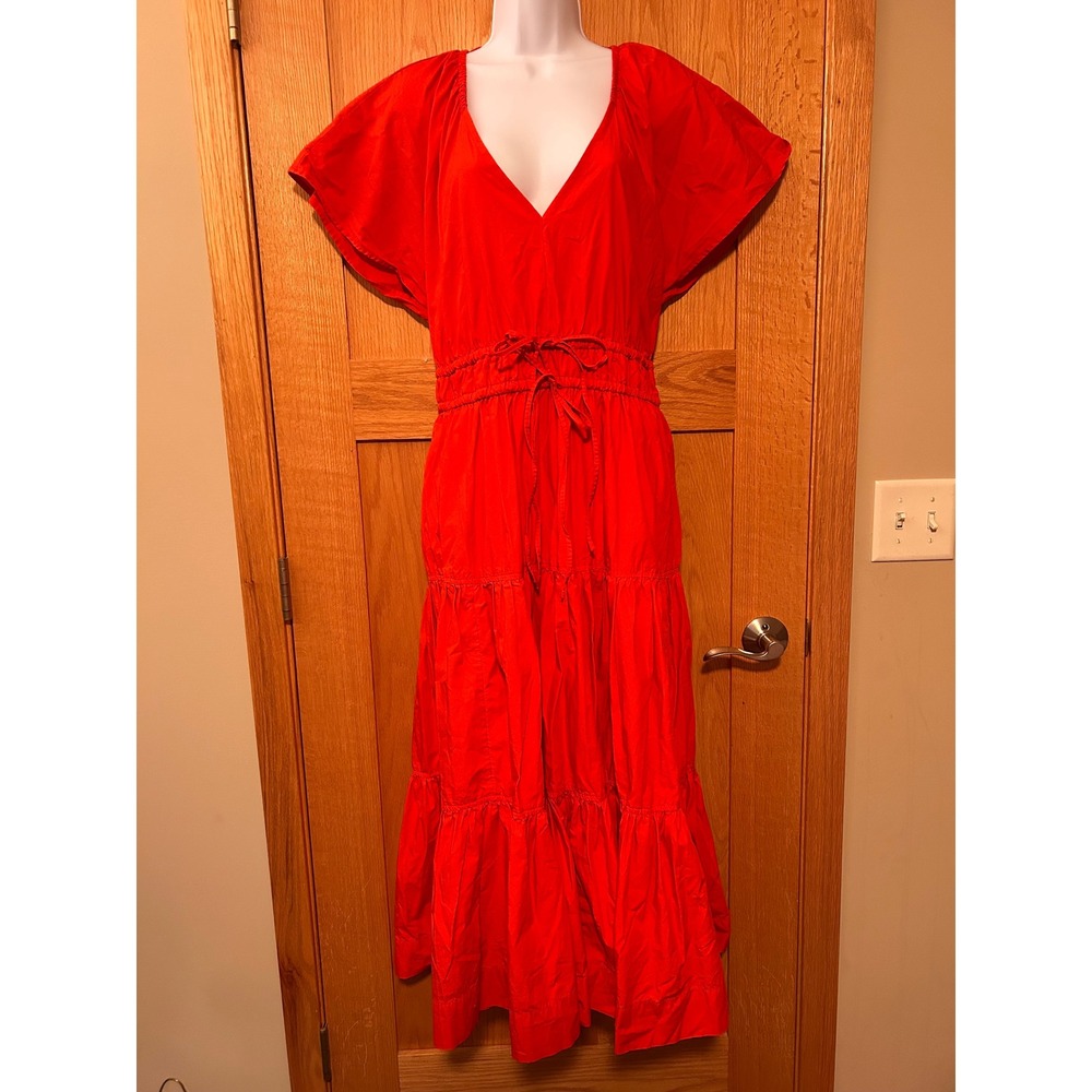 Free Assembly Women's Red Orange Cotton Poplin Tiered Maxi Dress V-Neck Size L